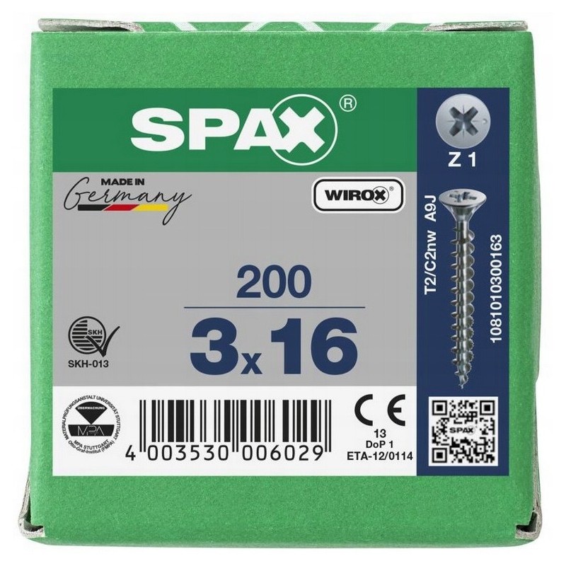 Spax Uniwersalne Wkręty do drewna 3x16mm Główka PZ 200szt