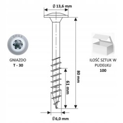 Spax Wkręty do konstrukcji drewnianych Talerz TX Wirox T30 6x80mm 100szt