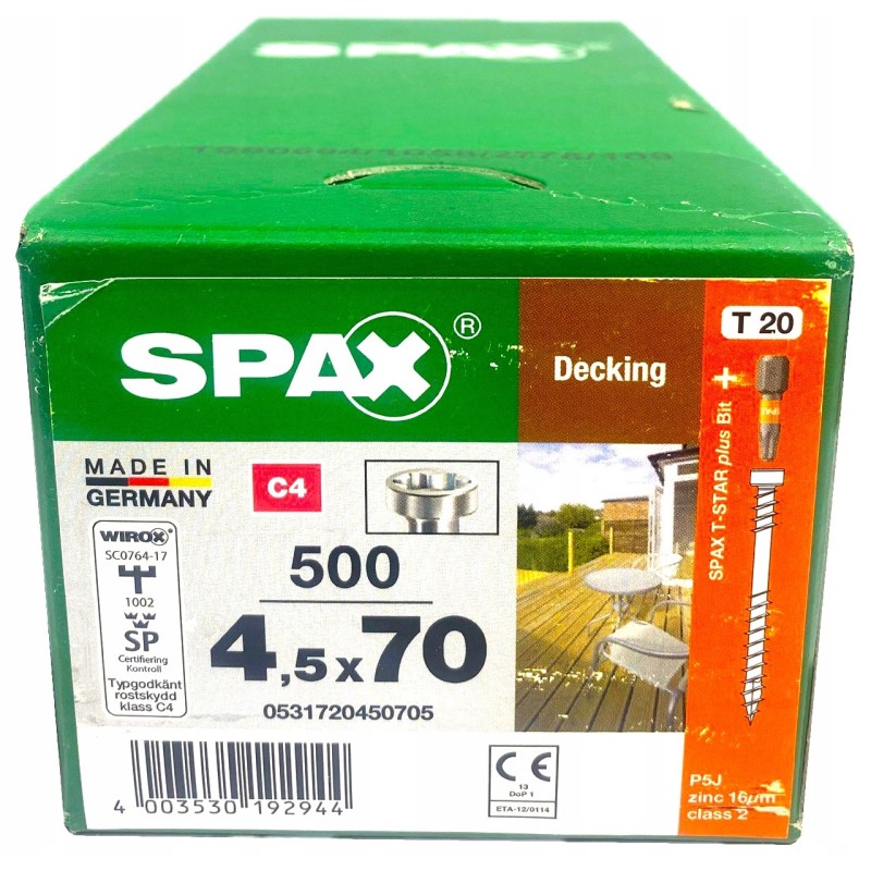 Spax Wkręty do drewna 4,5x70mm 500szt + bit T20