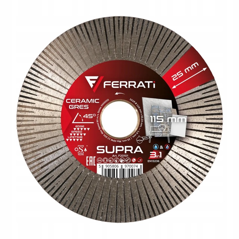 FERRATI Supra Tarcza Diamentowa 115mm x 22,23mm do cięcia gresu i ceramiki