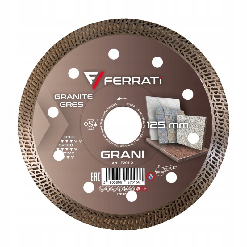 FERRATI Grani Tarcza Diamentowa 125mm x 22,23mm do cięcia gresu kamienia