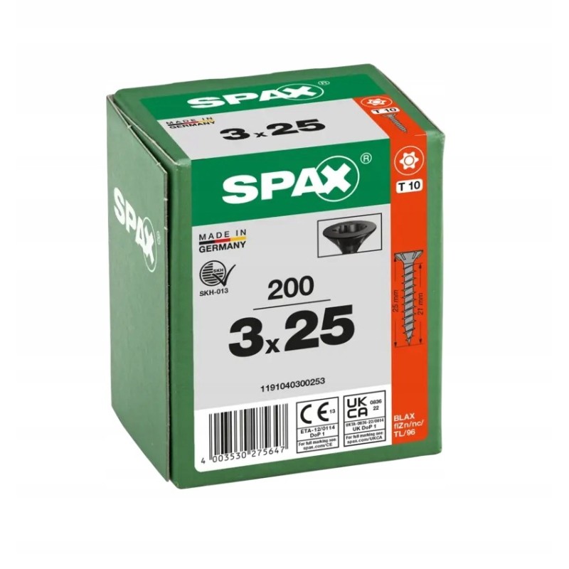 Spax Wkręty do drewna Czarne 3x25mm 200szt